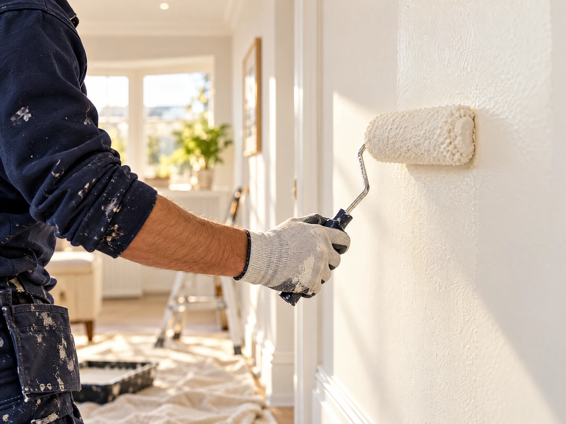 Decorator painting a clean interior wall